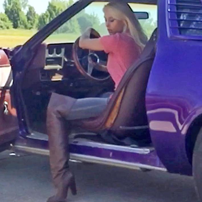Brooke Bored Housewife Tries Starting the Purple Hot Rod in Boots