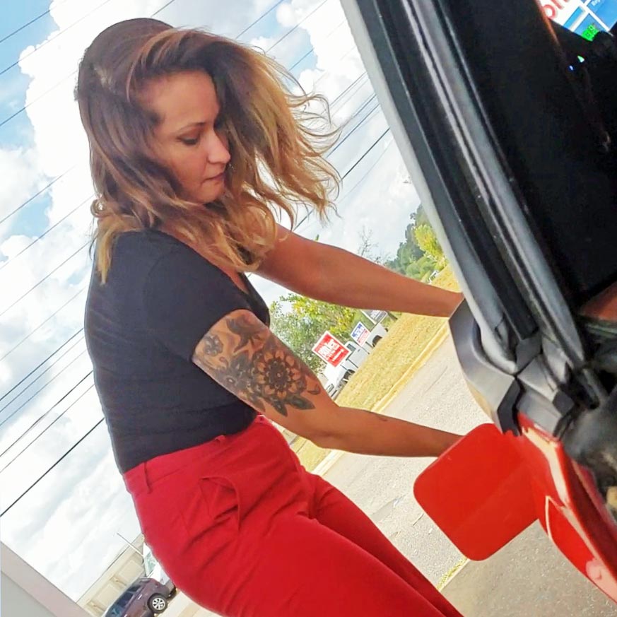 Jane Domino Getting Gas & Driving Her Mom’s Mustang in Red Dress Pants