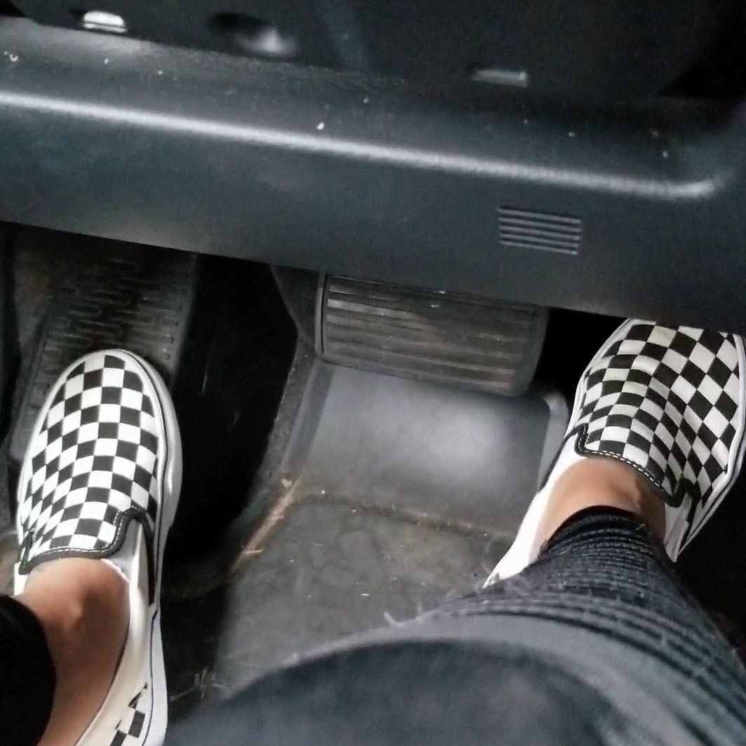 Jane Domino Driving Her Honda Truck in Black & White Checkered Vans