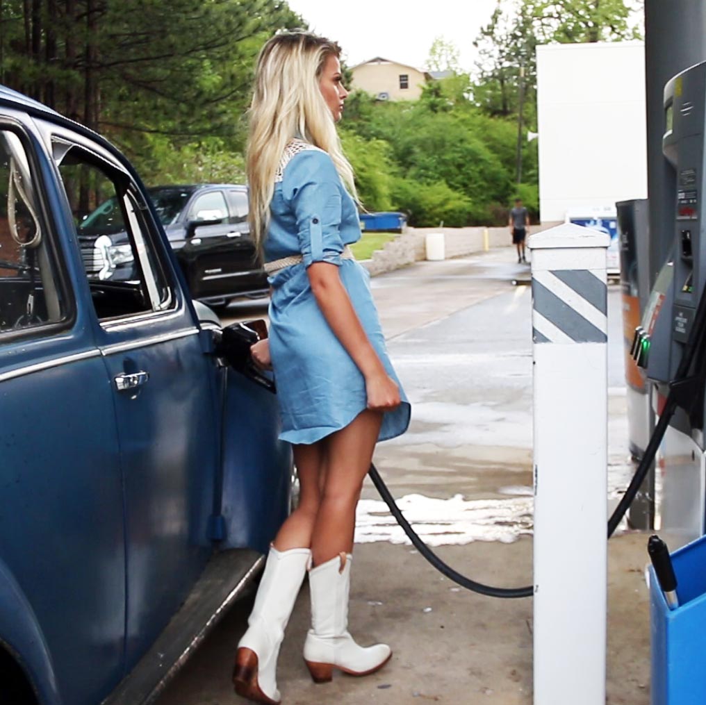 Roxy Gets Gas in the Old Bug in White Frye Boots, 2 of 2