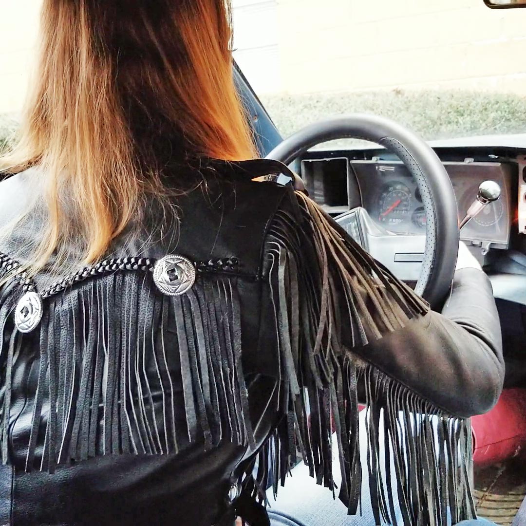 Sasha Lux Fringe Leather Jacket, Jeans & Red Boots Crankin’ the Monte
