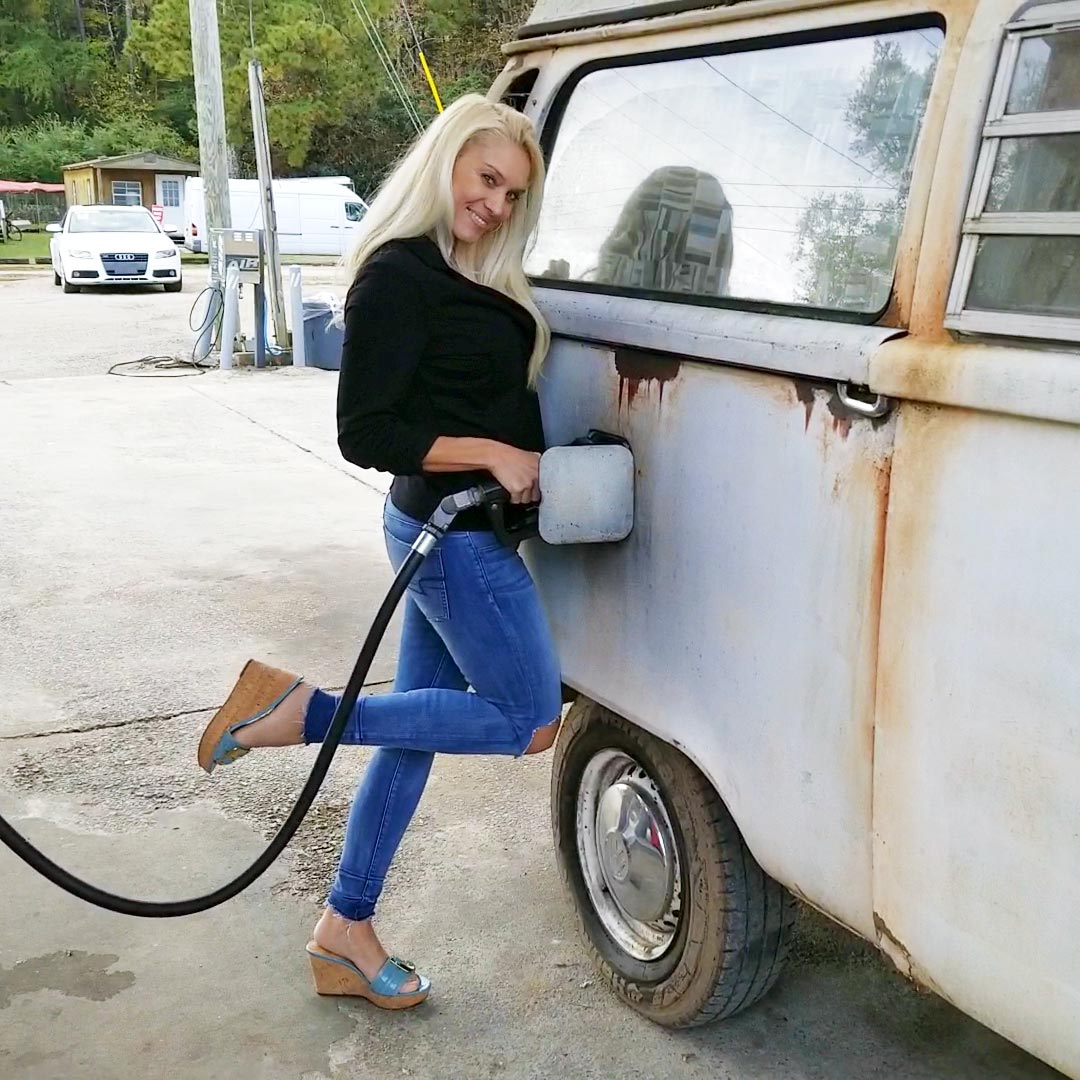 Brooke & Jane Gas Up & Go for a Cruise in the Stalling Bus, 1 of 2