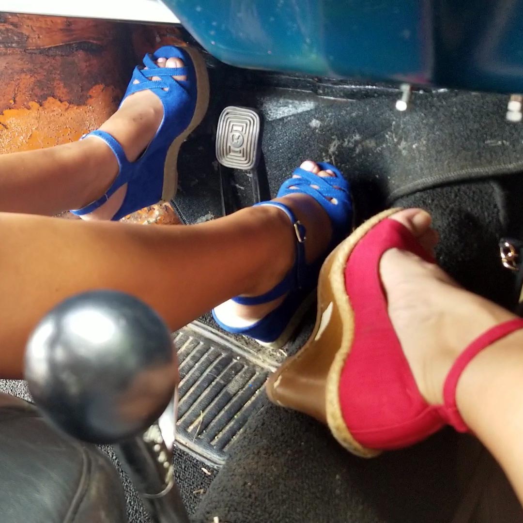 Jewels Cranking & Revving the Bug in Blue Wedges with Jane