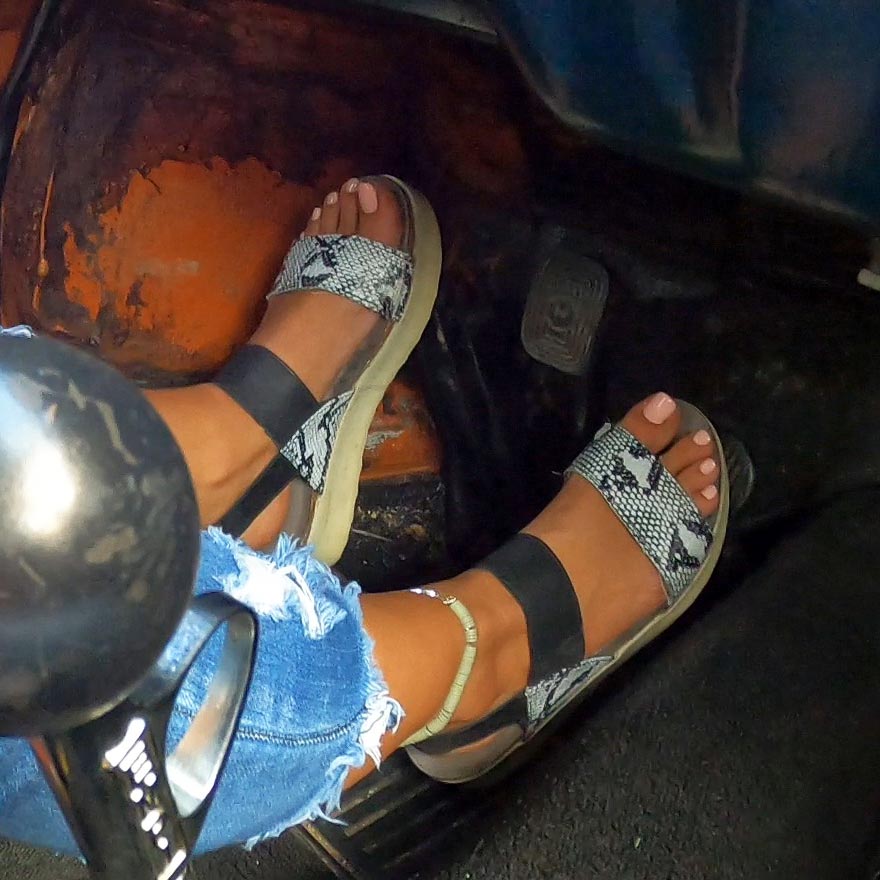 Riley Cranks & Revs the Bug in Snake Print Wedges & Pink Toes