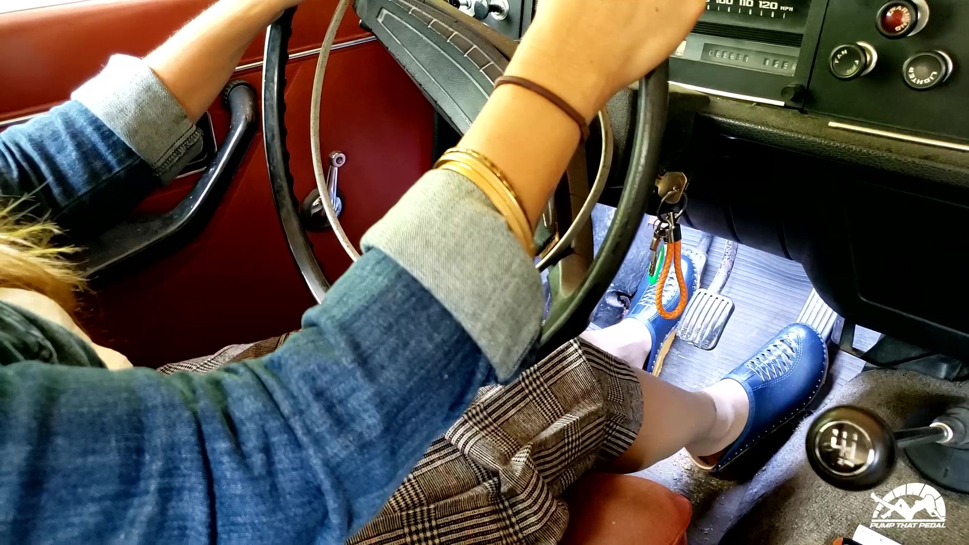 1337 - Jane Domino Revving the Volvo in Blue Clogs & Pantyhose