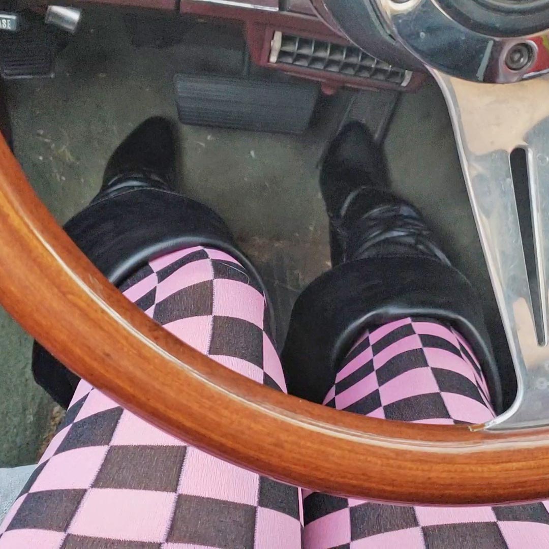 Brooke Cranking Up the 76 Laguna Leather Skirt, Boots & Checkered Stockings