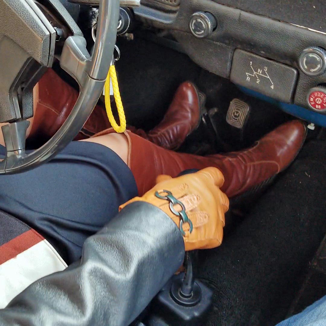 Vivian Ireene Pierce Drives the 72 Bug in Vintage Brown Boots & Leather